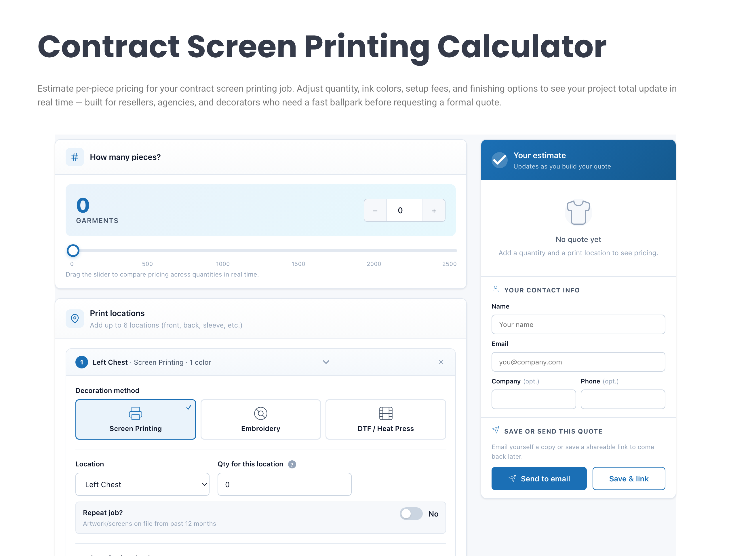 ScreenTek contract screen-printing calculator, live on screentekct.com